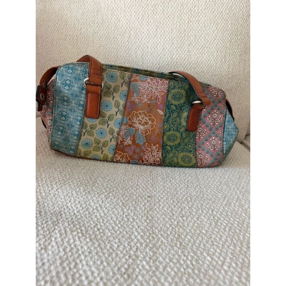 Fossil Patchwork Floral Shoulder Bag Brown Leather Trim Vintage Boho